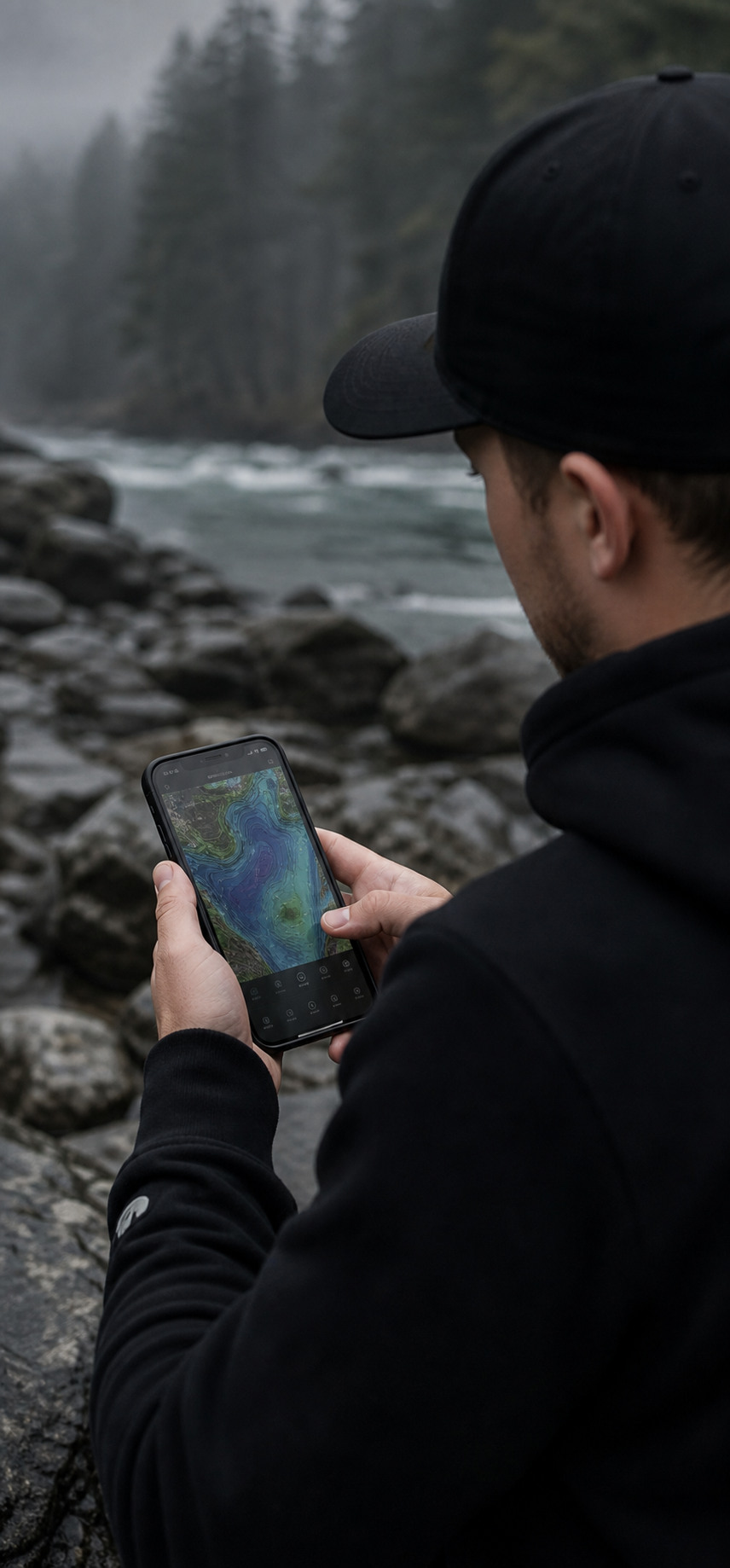 Angler mit App am Fluss